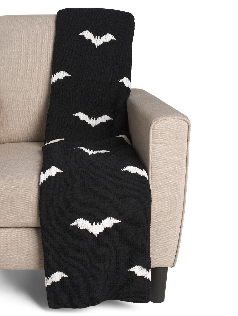 CR Curious Cynthia Rowley Black Knit Throw Blanket with White Bat Pattern New